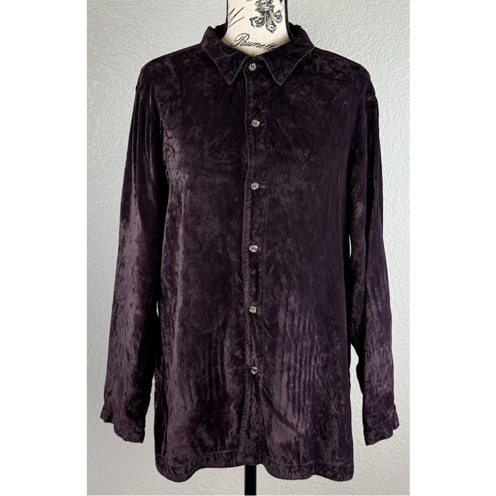 CP Shades Women's Brown Crushed Velvet Relaxed Fit Button Up Tunic Blouse Small